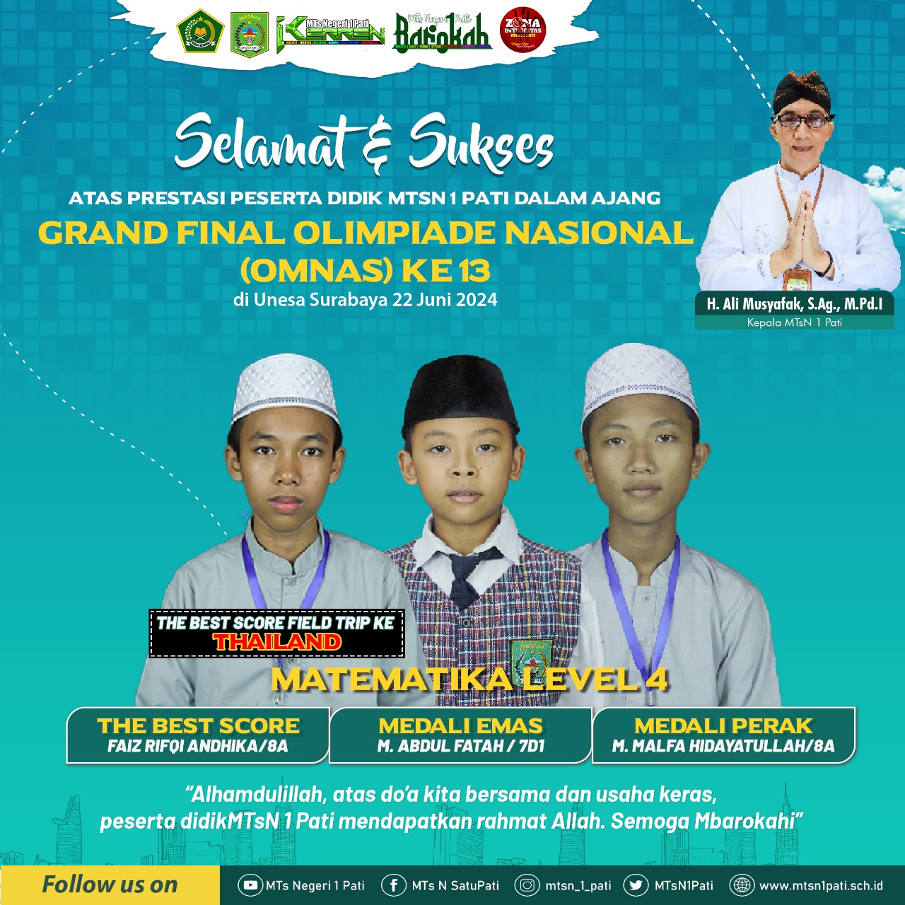 Raih Best Score Math OMNAS 13, Faiz, Siswa MTsN 1 Pati Terima Hadiah Field Trip Thailand